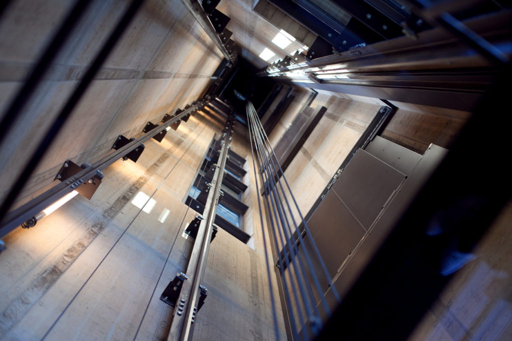Inside a modern lift shaft.